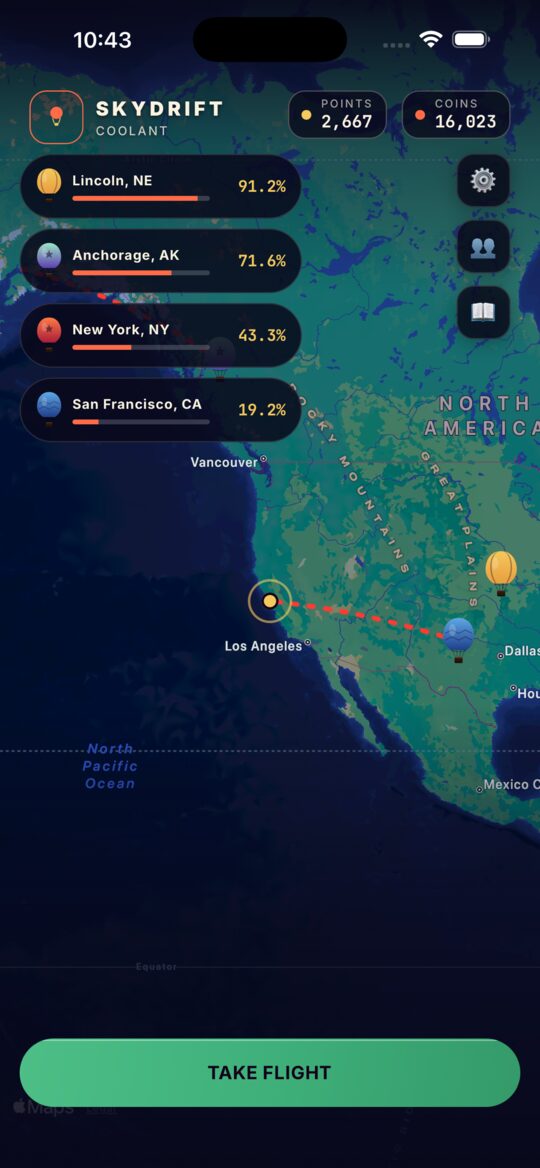 SkyDrift home map with a balloon ready to launch.