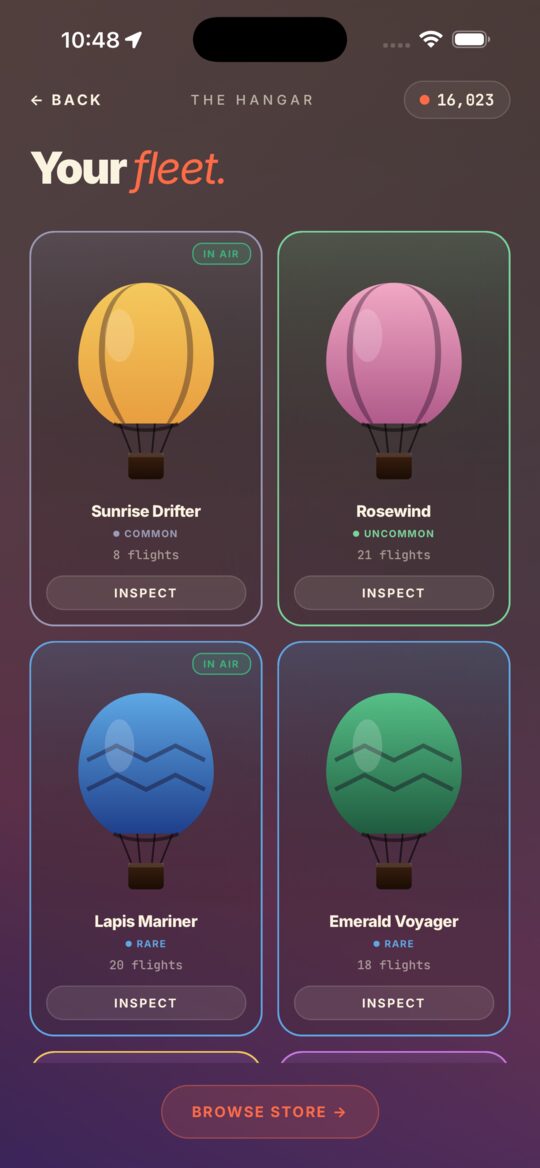 The Hangar — balloons by rarity, with upgrades.