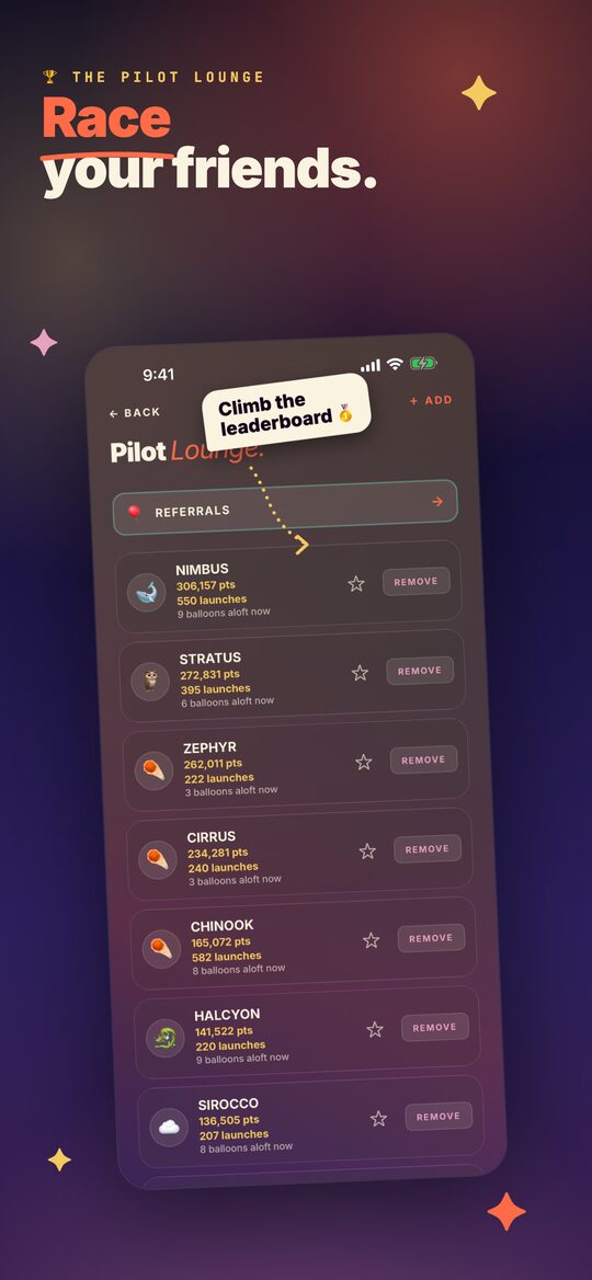 The Pilot Lounge leaderboard — friends ranked by points, launches, and balloons aloft.
