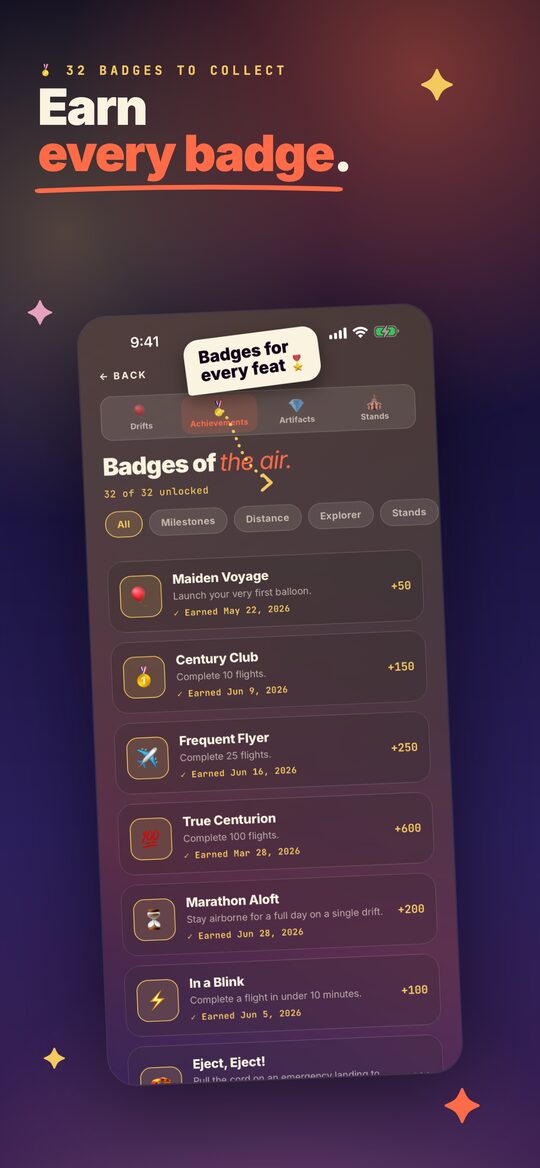 Badges of the air — 32 achievements across milestones, distance, and exploration.