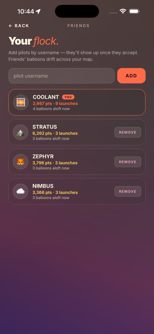 Friends list — pilots whose balloons appear on your map.