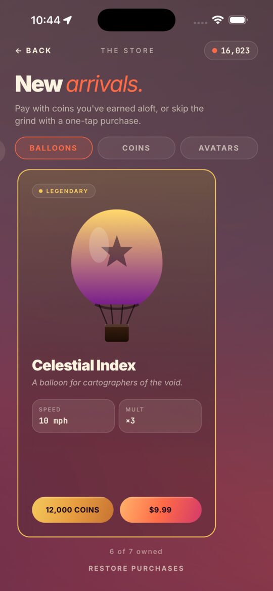 In-game store with new balloons to add to the hangar.