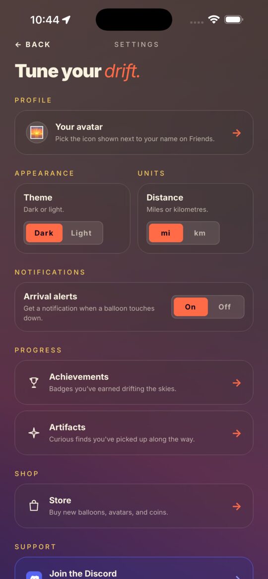 Settings and progress — artifacts, achievements, account.